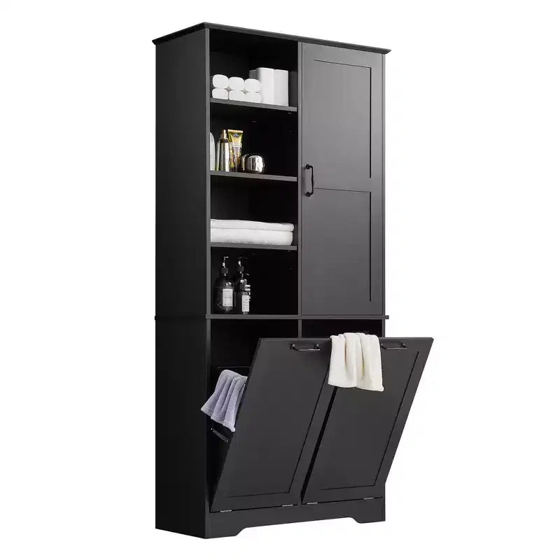 Meuble de rangement de salle de bains avec portes et tiroirs, panier à linge basculant, multiples espaces de rangement, style autoportant