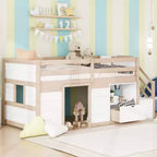 Letto soppalcato singolo Okak in legno massello con scale e spazio contenitore, letto a castello singolo basso con cassetti e ripiani, letto soppalcato multifunzionale per bambini e ragazzi