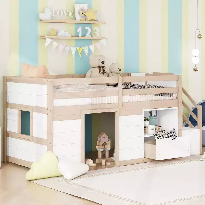 Letto soppalcato singolo Okak in legno massello con scale e spazio contenitore, letto a castello singolo basso con cassetti e ripiani, letto soppalcato multifunzionale per bambini e ragazzi