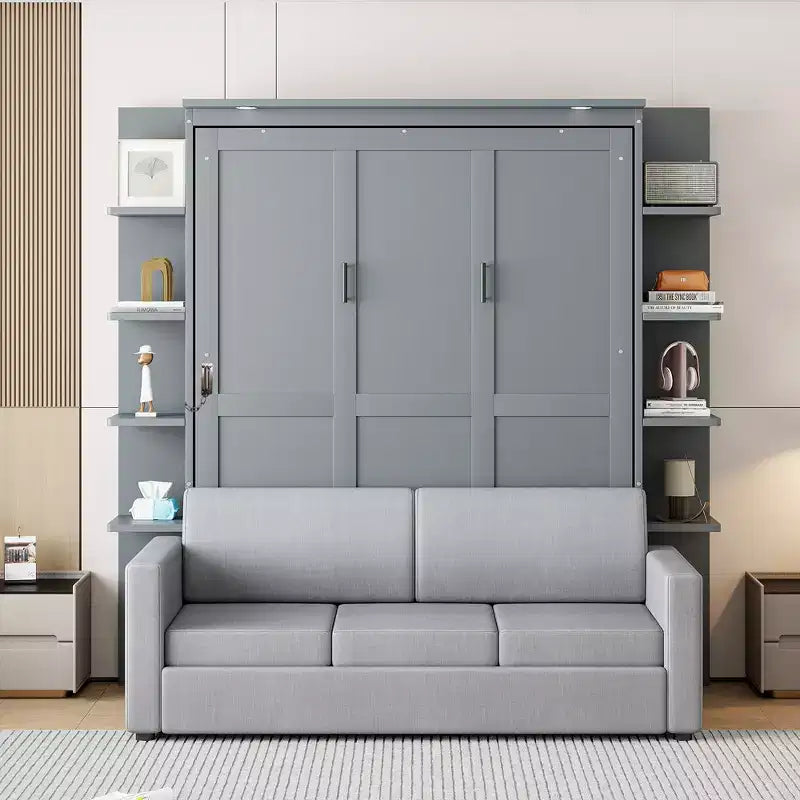 Letto a scomparsa Queen Murphy da parete con divano, letto a scomparsa matrimoniale Queen in mobile con libreria e ripiani per camera degli ospiti o ufficio