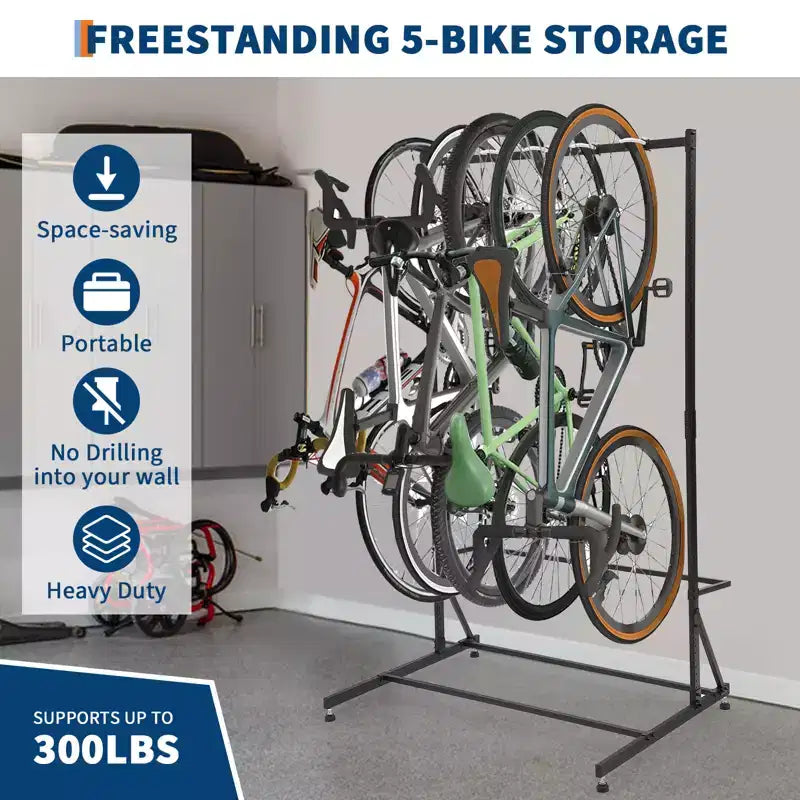 Support de rangement autoportant pour 5 vélos, capacité robuste de 300 lb, organisateur solide pour maintenir les vélos en toute sécurité et stabilité dans les cours avant et arrière