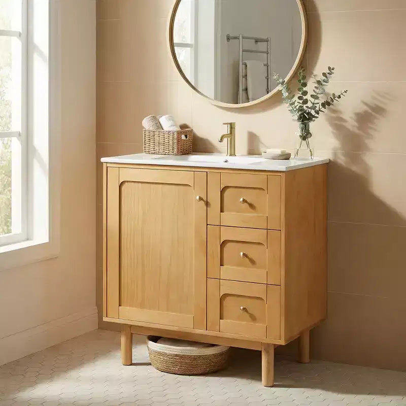 Meuble-lavabo en céramique JVNOXK de 30 po, style rustique moderne, avec 3 tiroirs et 1 grande porte à fermeture amortie, meuble de rangement à grain de bois naturel