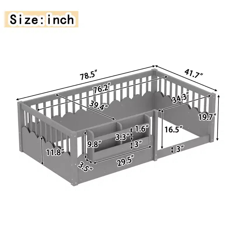 Lit cabane Montessori simple en bois Bellemave pour enfants, avec barrière surélevée et bibliothèque, pour filles et garçons