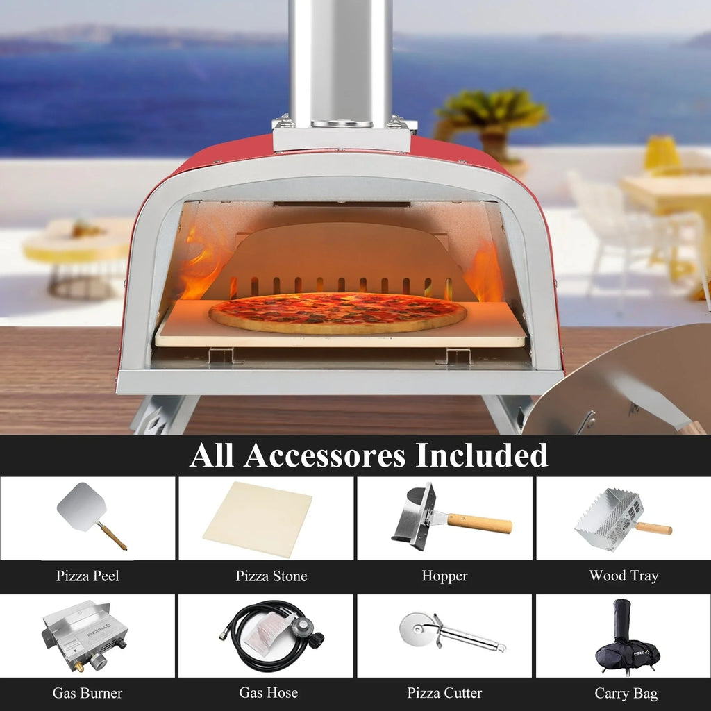 Four à pizza extérieur multicombustible, appareil à pizza cuite sur pierre avec brûleur à gaz et compartiment à bois – 12 pouces