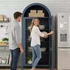 Mobiletto contenitore alto ad arco con ante in vetro, libreria espositiva a 5 ripiani con mensole regolabili per cucina o soggiorno