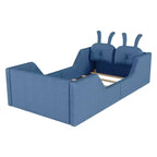 Letto a piattaforma singolo Whisen, struttura imbottita per letto a terra per bambini con cuscino a forma di coniglio e sponde laterali rimovibili