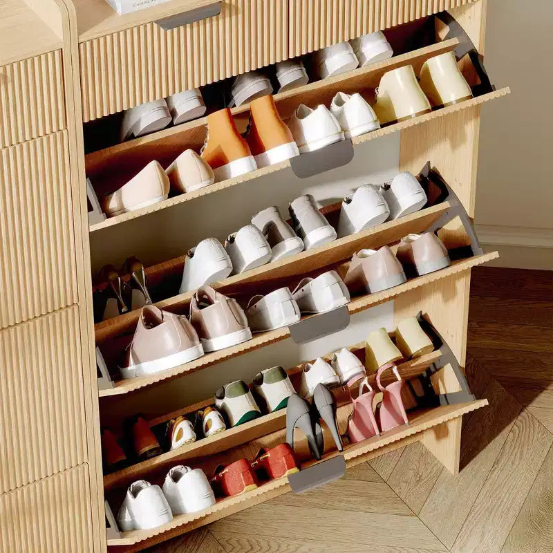 Scarpiera moderna bianca con 3 cassetti ribaltabili, 2 cassetti piccoli e ganci, organizer sottile scanalato per scarpe, mobile stretto per ingresso