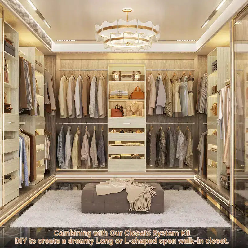 Système d’organisation de dressing en bois Besiost de 4 à 9 pieds avec 4 tiroirs, 4 tringles et des colonnes d’étagères