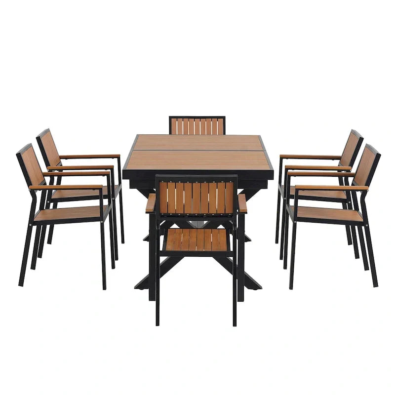 Set da pranzo da esterno estensibile da 7 pezzi con tavolo estensibile e 6 sedie con braccioli