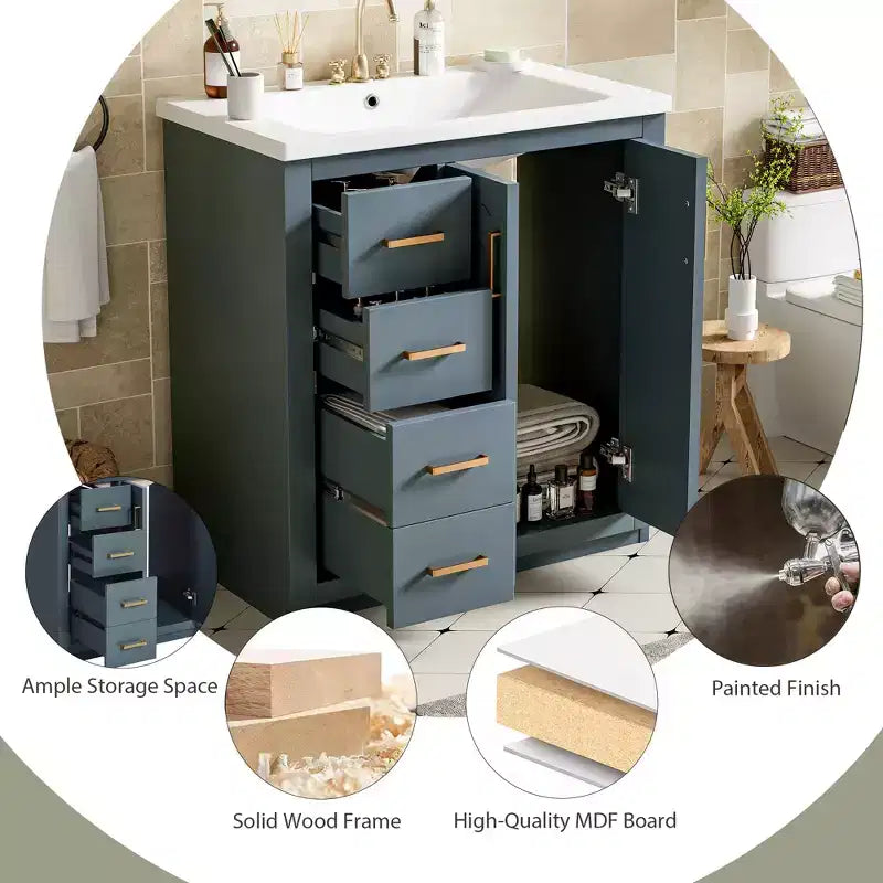 Meuble-lavabo de salle de bains simple de 30 pouces avec meuble et 3 tiroirs ??Noir / Bleu / Vert / Indigo / Blanc
