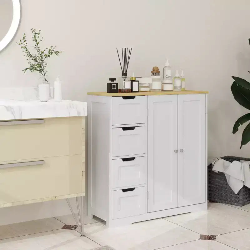 HOMCOM Mobiletto da bagno da pavimento con ripiano regolabile, mobile contenitore da bagno indipendente con 4 cassetti e 2 ante, bianco
