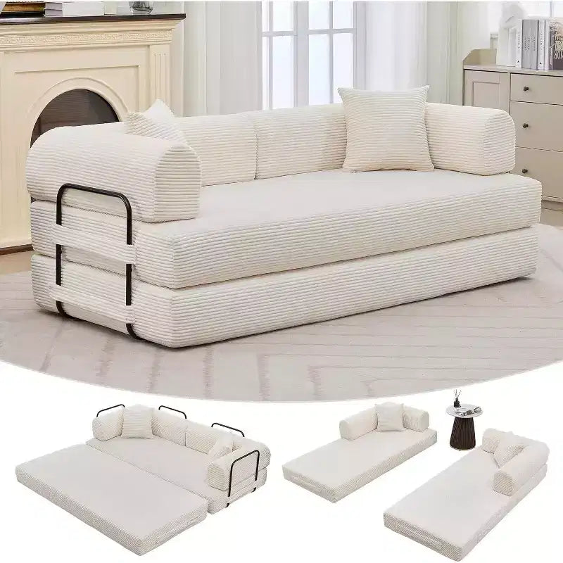 Canapé-lit convertible 4-en-1, matelas de sol pliant en velours côtelé sans cadre de 79 pouces avec oreiller, causeuse sans assemblage pour petit appartement