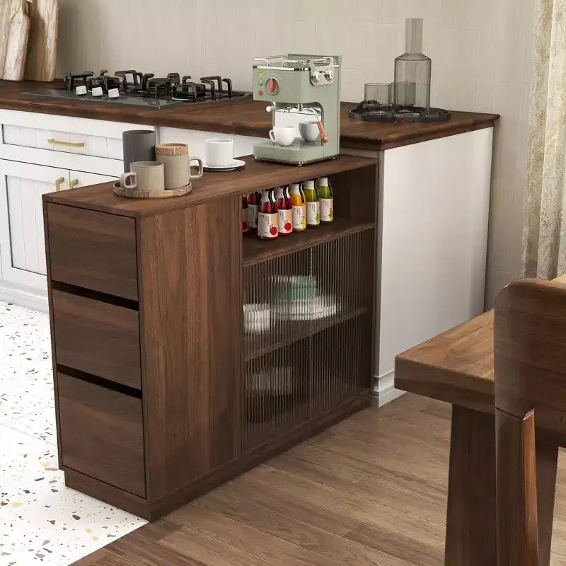 Buffet moderne GDFStudio Hikaru avec portes coulissantes en verre et tiroirs