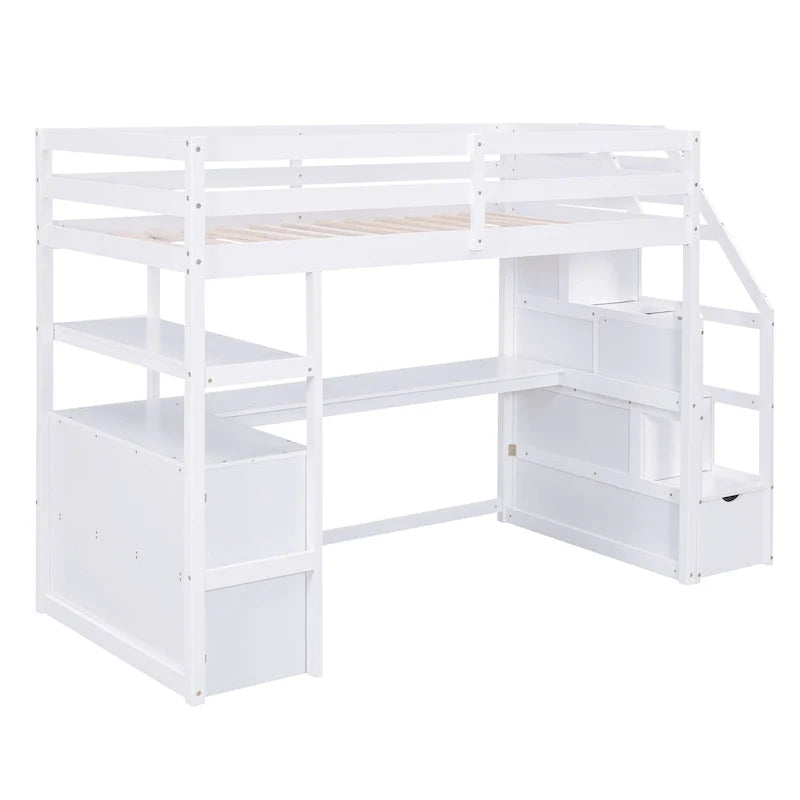 Lit mezzanine une place avec bureau et étagères, deux tiroirs intégrés et escalier de rangement