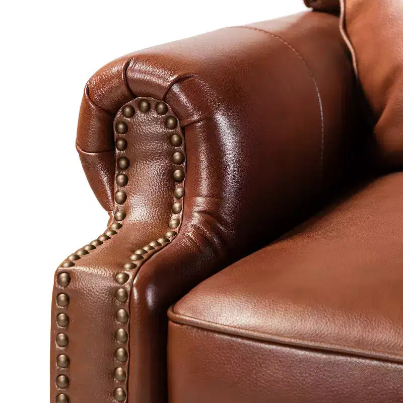 Set di 2 poltrone reclinabili moderne Elisabete con schienale ad ali in vera pelle e borchie decorative vintage per soggiorno e camera da letto| ART OF LIVING DESIGNS