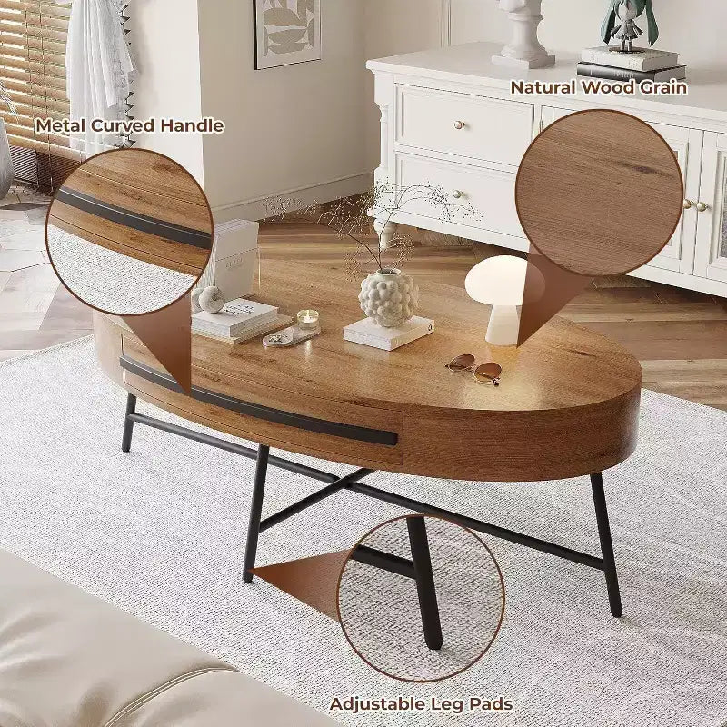 Table basse ovale Acekool avec tiroir, table de rangement en bois de 47,2 avec pieds en métal croisés, table centrale moderne du milieu du siècle en finition bois naturel et saule doré