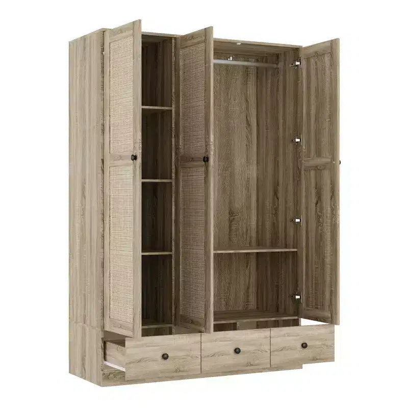 Armadio in rattan Famapy con 3 cassetti, guardaroba con 3 ante in rattan traspirante, armadio alto in stile rustico per camera da letto
