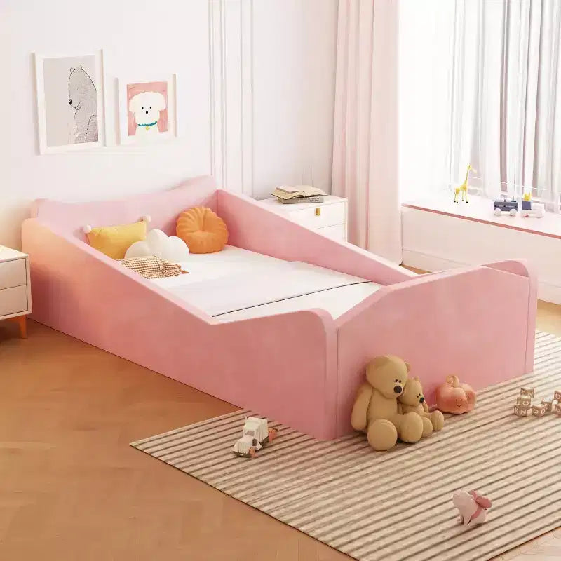 Letto per bambini JOYMOR, letto da pavimento con sponda di sicurezza, letto Montessori per bambini con forme di orecchie di animali, rosa