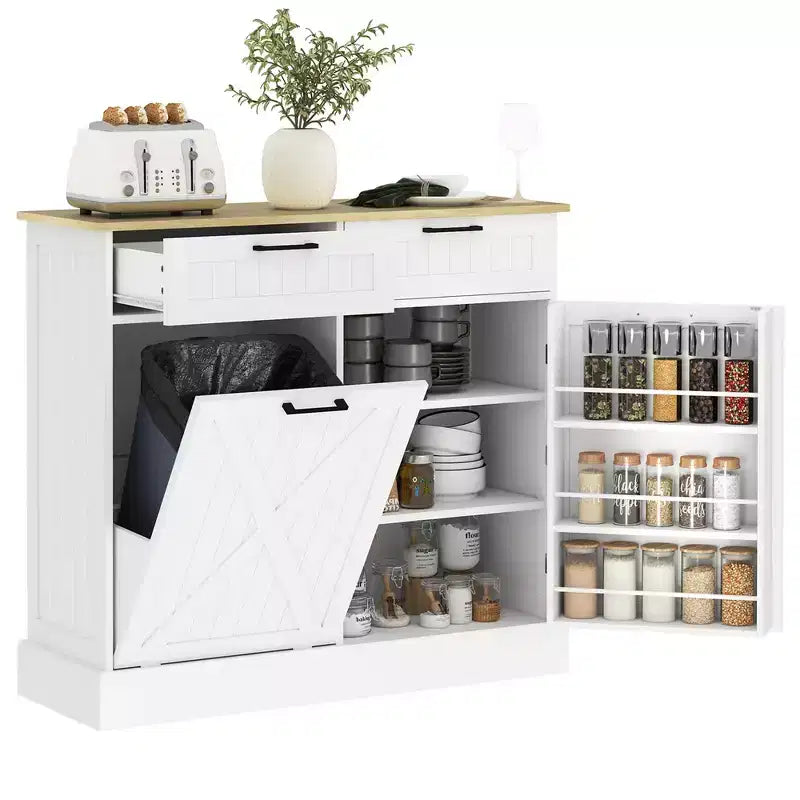 Mobile HOMCOM copri pattumiera con apertura a ribalta e cassetti, mobile da cucina in stile rustico con pattumiera nascosta per cucina