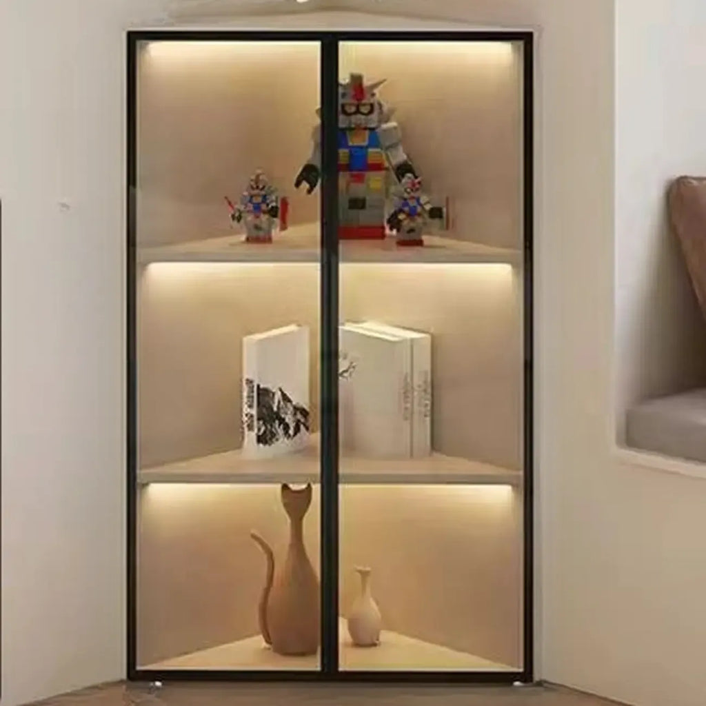Mobile angolare moderno da esposizione in metallo e legno grigio con anta in vetro