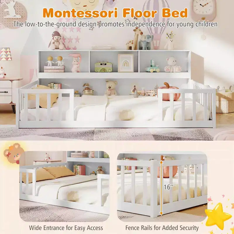 Letto a pavimento Montessori Twin/Full con libreria, ripiani contenitore e sponde di sicurezza, bianco/grigio