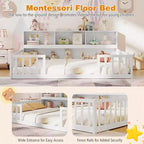 Letto a pavimento Montessori Twin/Full con libreria, ripiani contenitore e sponde di sicurezza, bianco/grigio