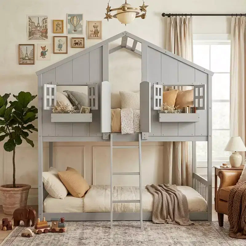 Letto a soppalco matrimoniale singolo a forma di casetta, letto rialzato in legno tipo casetta con scaletta e sponde di sicurezza per bambini
