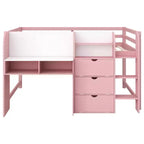 Lit mezzanine bas rose/blanc avec bureau, rangements et tableau blanc - 1 personne, 1 place