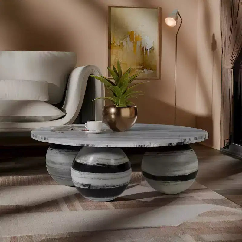Table basse ronde en marbre avec pieds sphériques, multicolore, 4 places ??