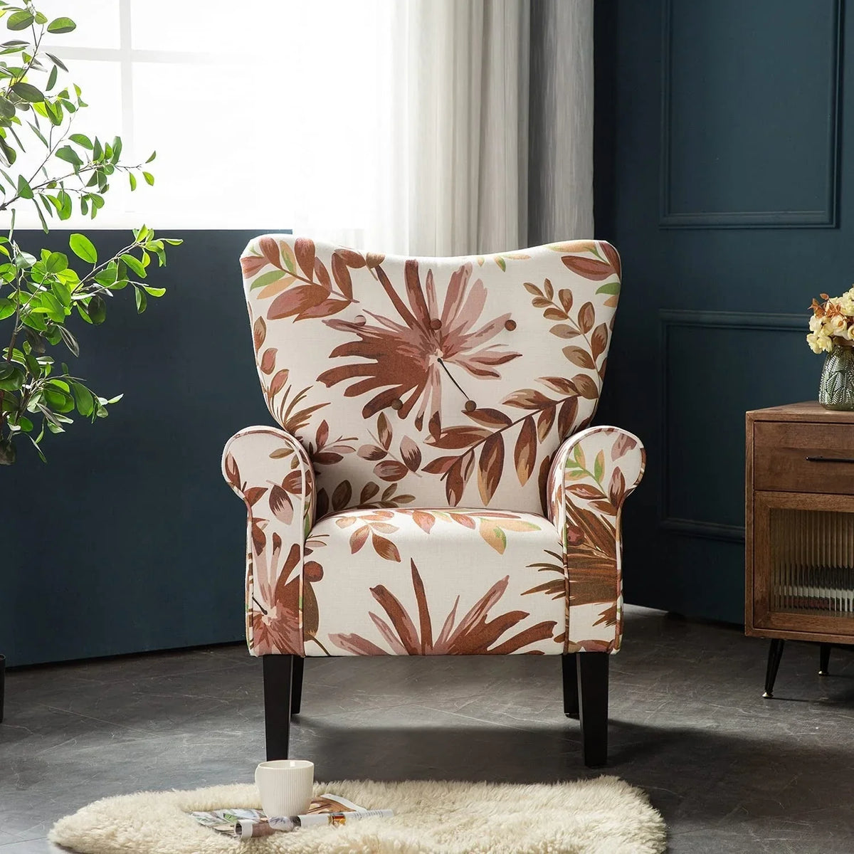 Fauteuil d’appoint moderne Erommy, fauteuil à dossier haut, canapé une place en tissu rembourré avec boutons et pieds en bois pour le salon