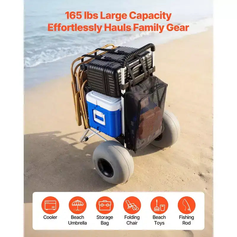 Carrello da spiaggia VEVOR con ruote grandi per la sabbia, piano di carico da 20 x 15, carrello pieghevole per sabbia con 12 ruote a palloncino, capacità di carico di 165 lb, argento+nero