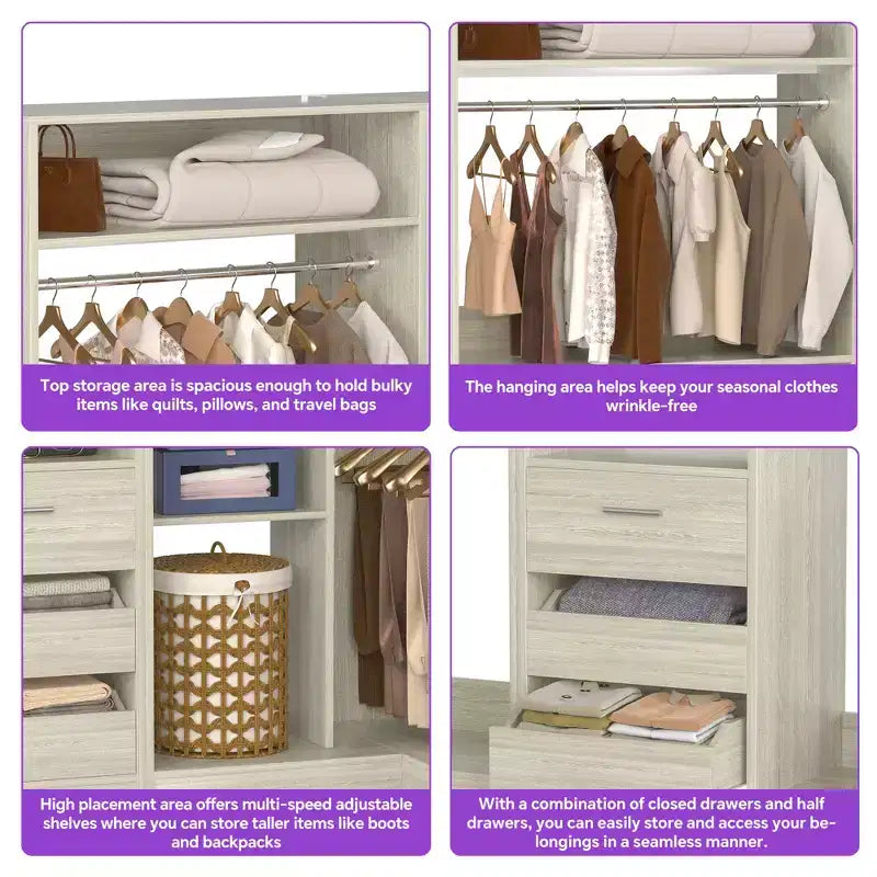 Ensemble Besiost de 3 éléments pour dressing d’angle avec étagères en colonne et tiroirs, organisateur de dressing autoportant avec tringles