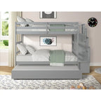 Letto a castello singolo su singolo con letto estraibile singolo e vano portaoggetti integrato nella scala, colore grigio