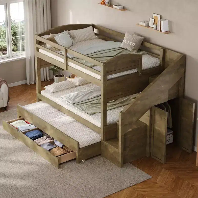 Letto a castello Whisen Twin XL con letto estraibile, contenitore, legno massello, scala contenitore, armadio e 3 cassetti, per bambini