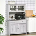 HOMCOM 63.5 Kitchen Buffet with Hutch, Pantry Storage Cabinet with 4 Shelves, Drawers, Framed Glass Doors, Open Microwave Countertop