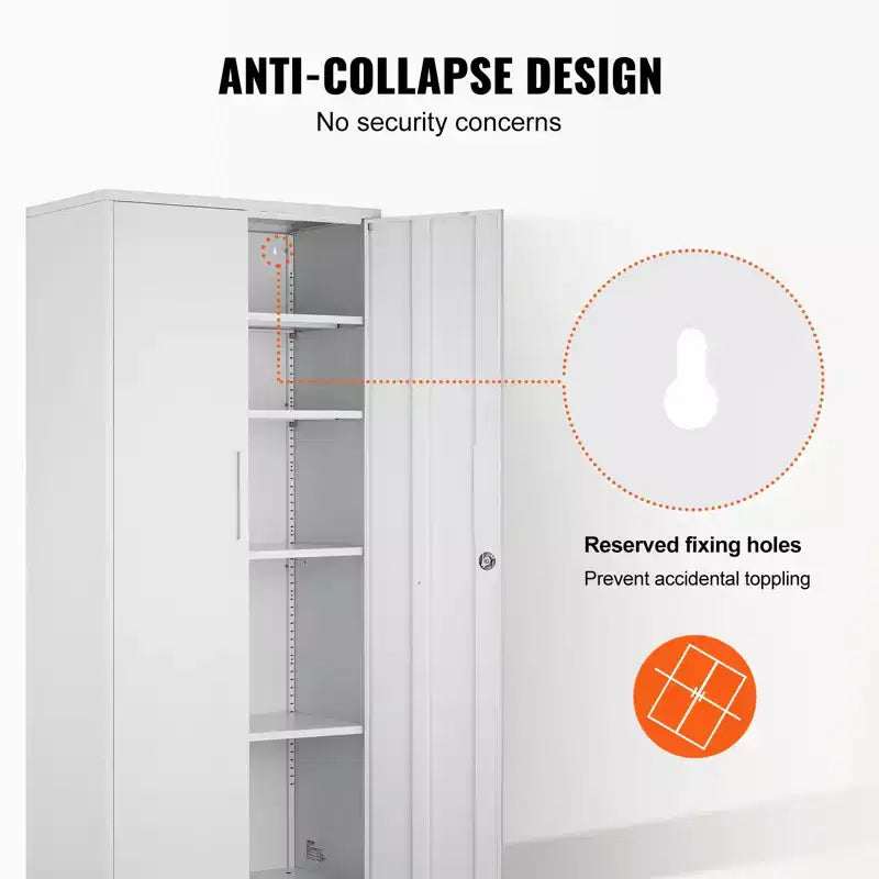 Armadio contenitore in metallo VEVOR, armadio contenitore in acciaio con serratura, 2 ante magnetiche e 4 ripiani regolabili, armadio in metallo da 71" con capacità di 200 lb, bianco