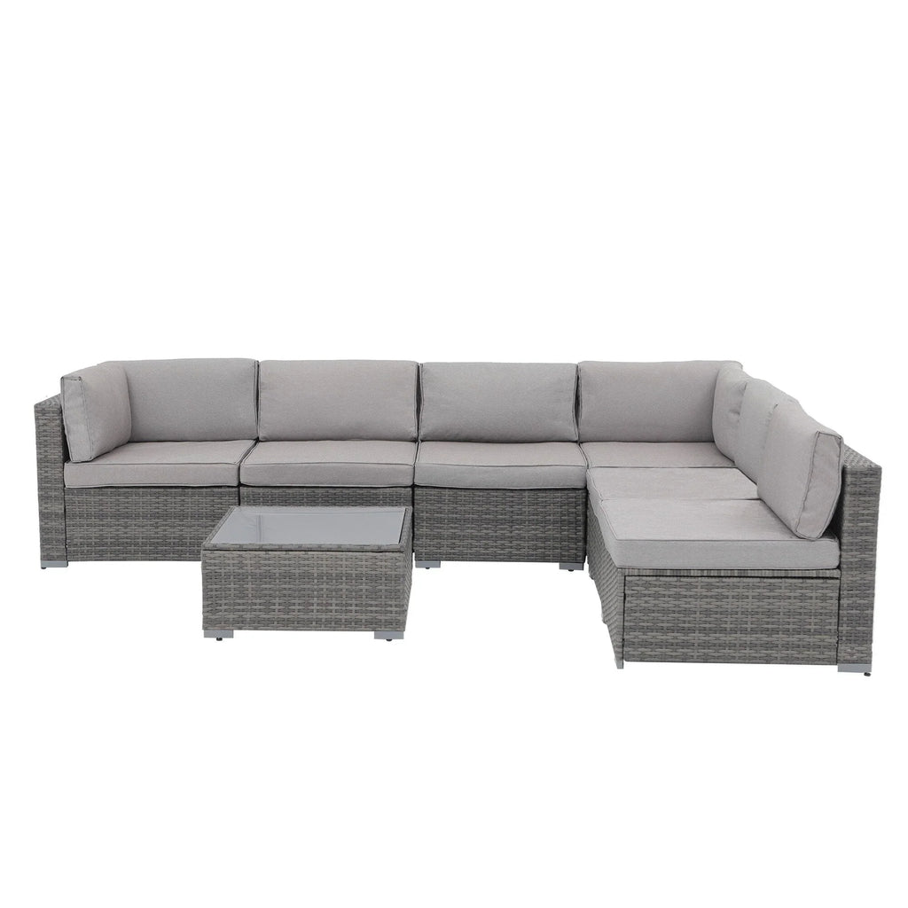 Ensemble de canapé modulaire d’extérieur rembourré en osier et acier, 7 pièces