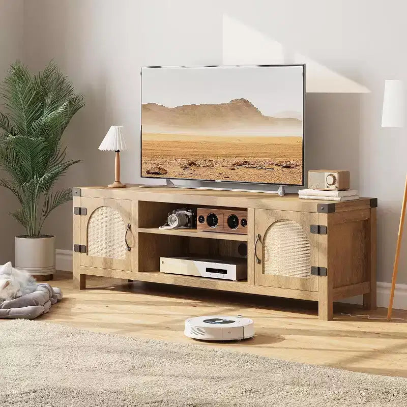 Meuble TV de style bohème de 65 pouces avec porte en rotin – meuble de divertissement en bois avec deux armoires et des étagères réglables, idéal pour les salons