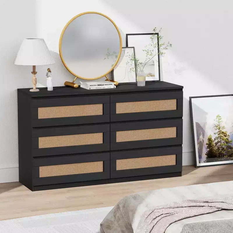 Cassettiera in rattan per camera da letto con 6 cassetti, cassettiera larga moderna in stile rustico da 47 pollici, mobile contenitore in legno per organizzare armadio, soggiorno e corridoio