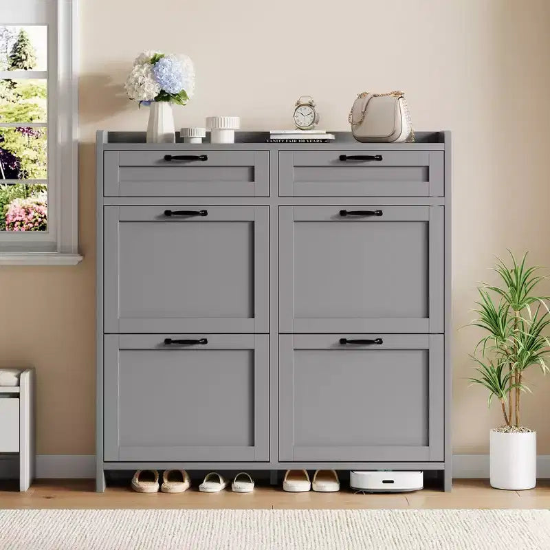 Scarpiera con 4 cassetti a ribalta e 2 cassetti superiori, mobile portascarpe in legno con ripiano regolabile, mobili portascarpe indipendenti