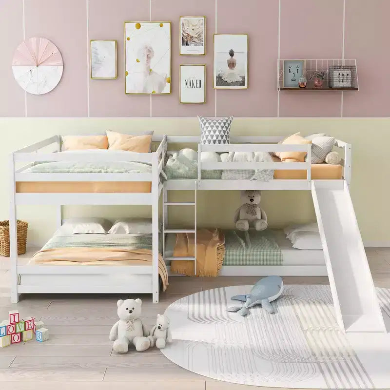 Lit superposé en L pour 4 enfants, lit superposé quadruple avec toboggan, structure en bois avec couchage double et simple pour chambre ou dortoir