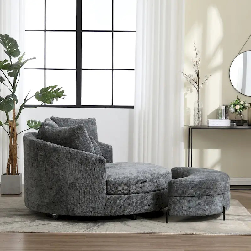 Fauteuil tonneau moderne rond avec 5 coussins et pouf en option