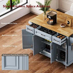 54 Îlot de cuisine grand format avec rallonge rabattable en bois d’hévéa, desserte de cuisine roulante à texture gaufrée sur 4 roulettes avec 4 portes et 3 tiroirs