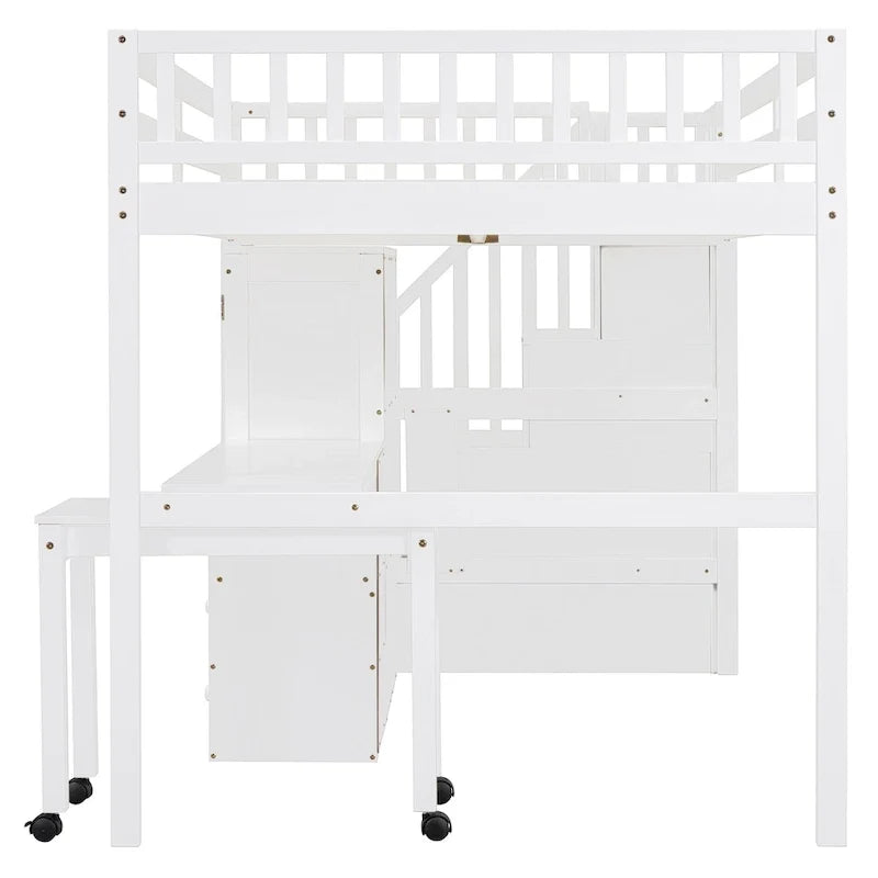 Letto a soppalco matrimoniale con scale, libreria, scrivania e guardaroba, mobile multifunzionale salvaspazio per bambini e ragazzi - bianco