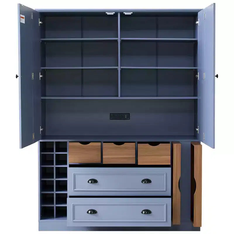 Armoire garde-manger indépendante Whisen de 71 po de hauteur, grand meuble de rangement pour salle à manger avec 4 portes pliantes, étagères et porte-bouteilles