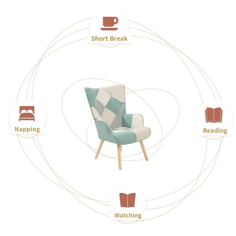 Fauteuil d’appoint avec pouf, ensemble fauteuil et pouf pour le salon, fauteuil d’appoint confortable avec accoudoirs pour la chambre, revêtement en tissu à motifs créatifs