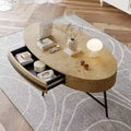 Table basse ovale Acekool avec tiroir, table de rangement en bois de 47,2 avec pieds en métal croisés, table centrale moderne du milieu du siècle en finition bois naturel et saule doré
