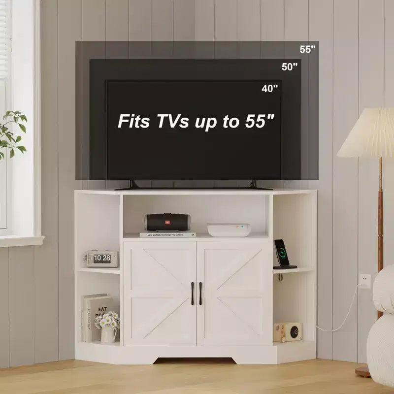 Mobile TV angolare per televisori fino a 55 pollici, consolle multimediale in stile rustico con anta da fienile, ripiani aperti e armadietto contenitore, bianca