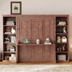 Full/Queen Size Murphy Bed Space-Saving Wall Bed with Desk and Bookshelf, Dark Brown - ModernLuxe