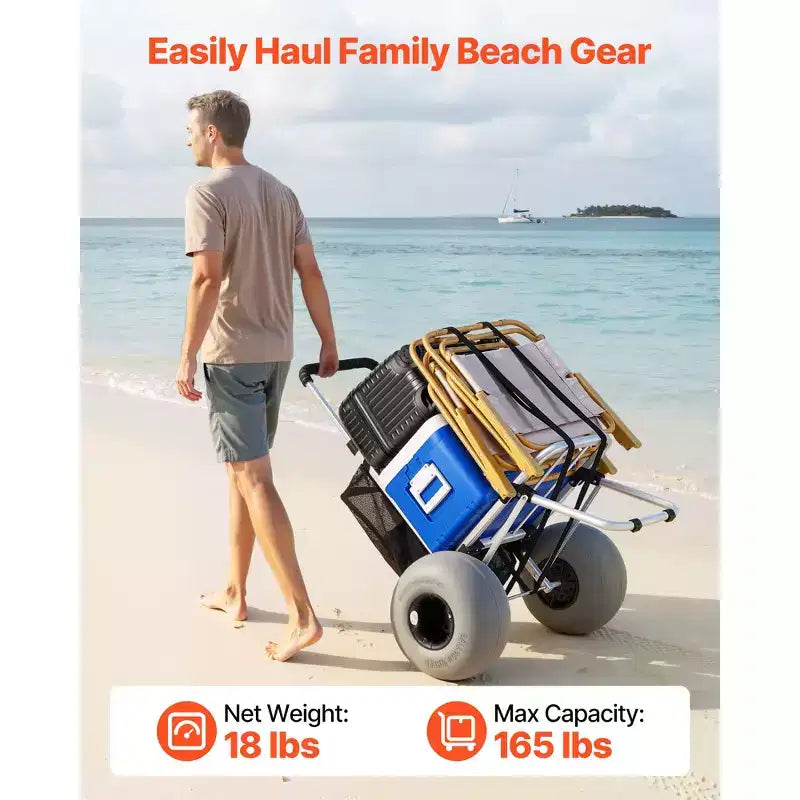Carrello da spiaggia VEVOR con ruote grandi per la sabbia, piano di carico da 20 x 15, carrello pieghevole per sabbia con 12 ruote a palloncino, capacità di carico di 165 lb, argento+nero